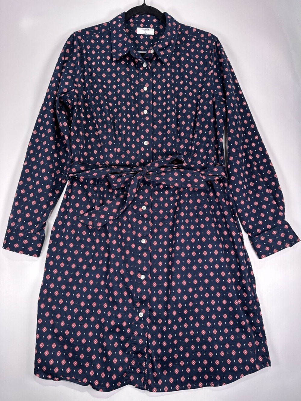 UNTUCKit Marie Shirt Dress Belted Button Front Geometric Navy Size 10 - Picture 2 of 13